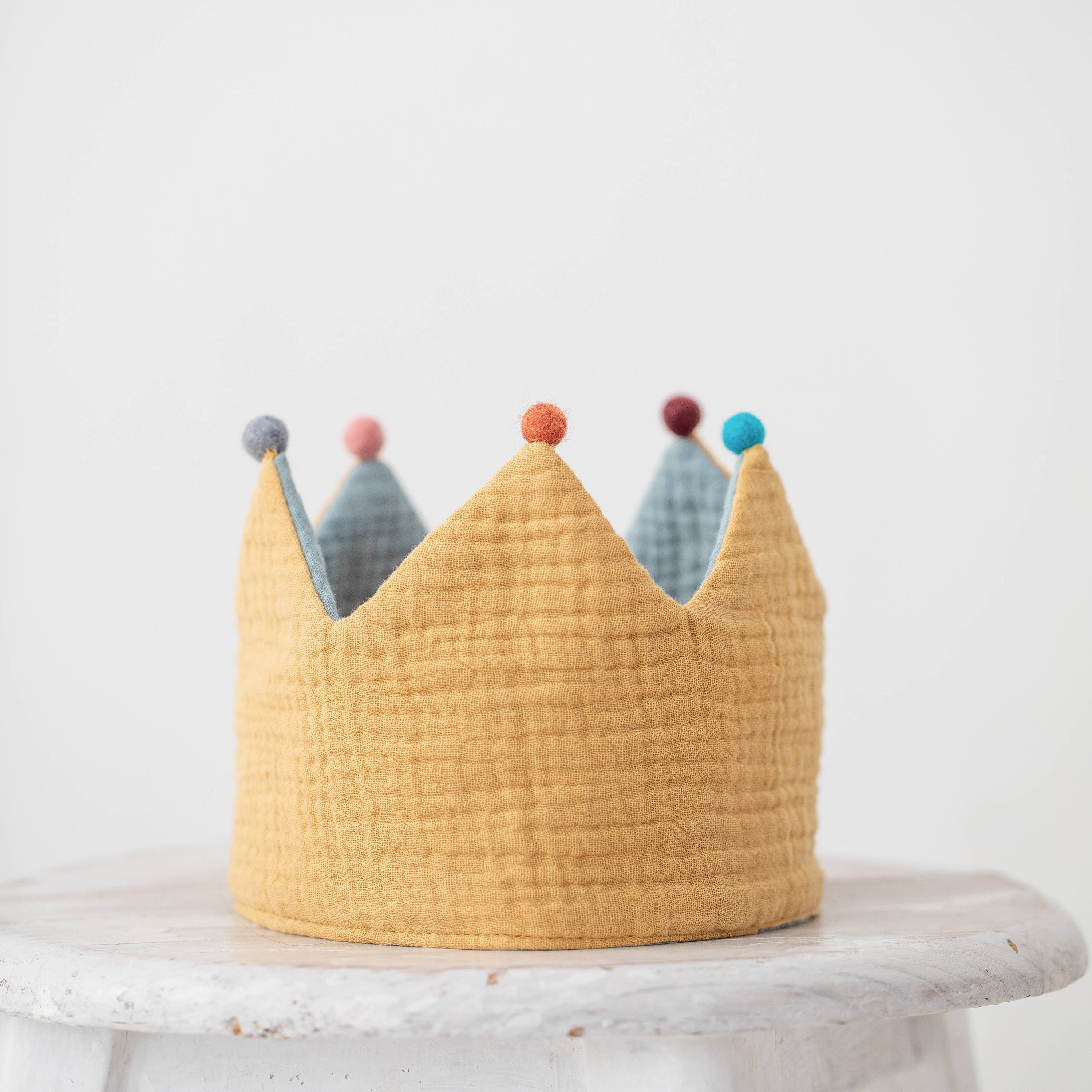 MONOCROM Muslin Mustard-Mint Birthday Crown with pompoms