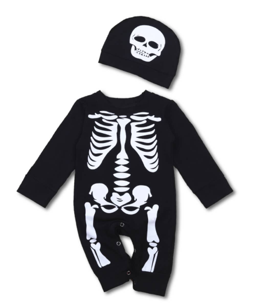 Black White Skeleton Cotton Halloween Baby Romper & Hat