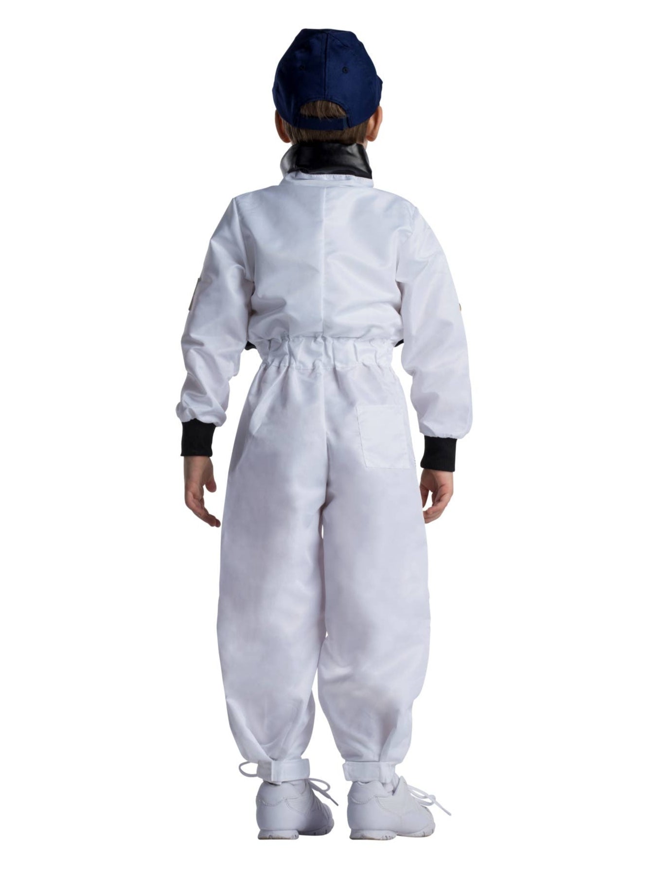 Person wearing a white protective suit and blue cap on a white background