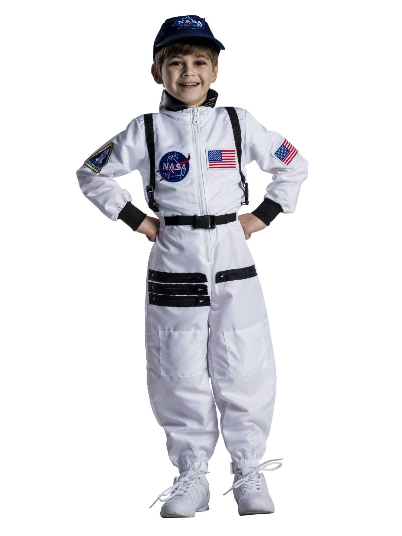 Child wearing an astronaut costume with NASA logo on a white background