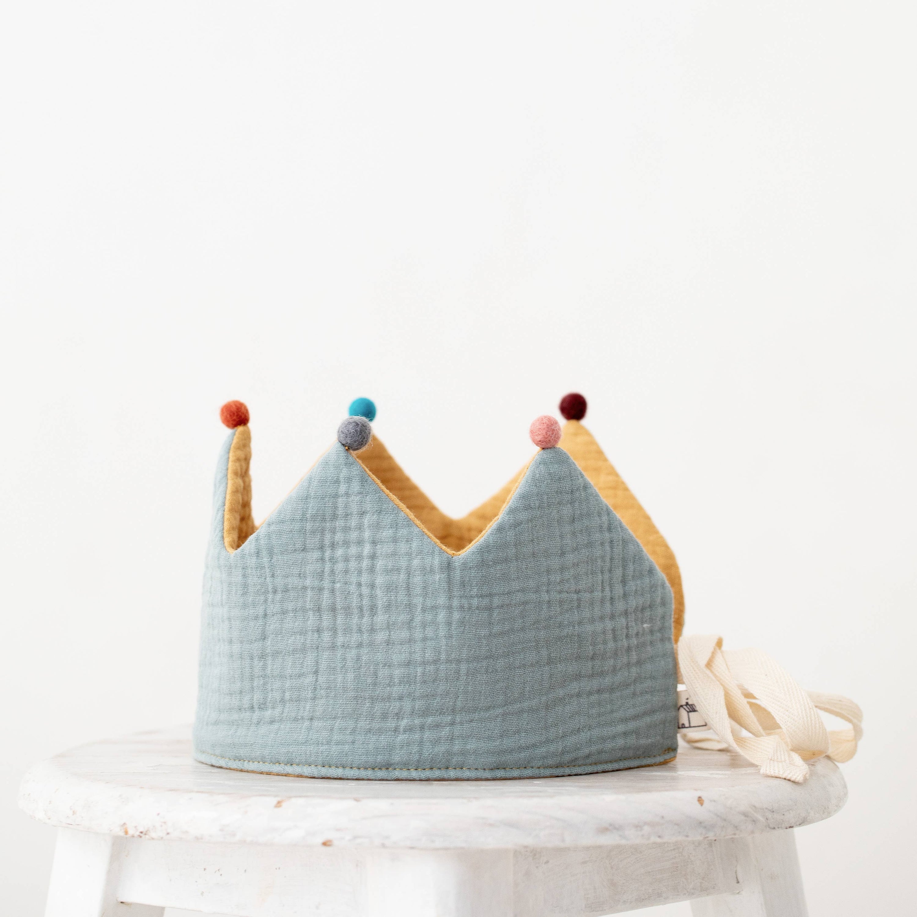 MONOCROM Muslin Mustard-Mint Birthday Crown with pompoms
