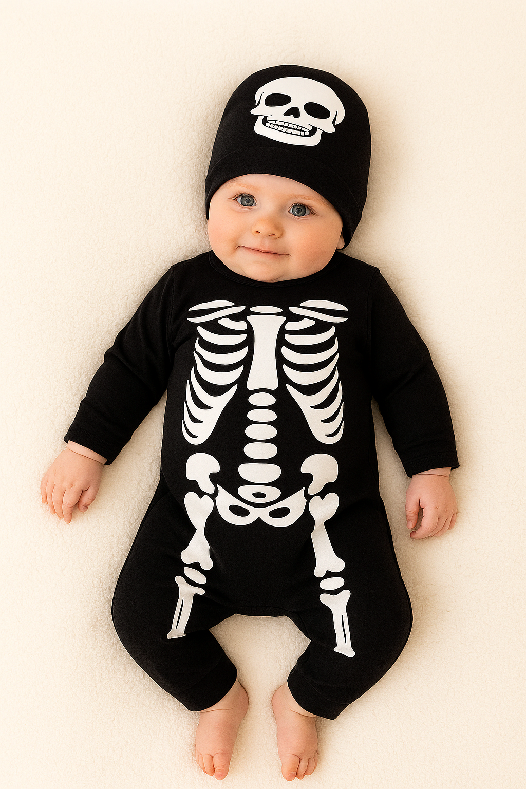 Black White Skeleton Cotton Halloween Baby Romper & Hat