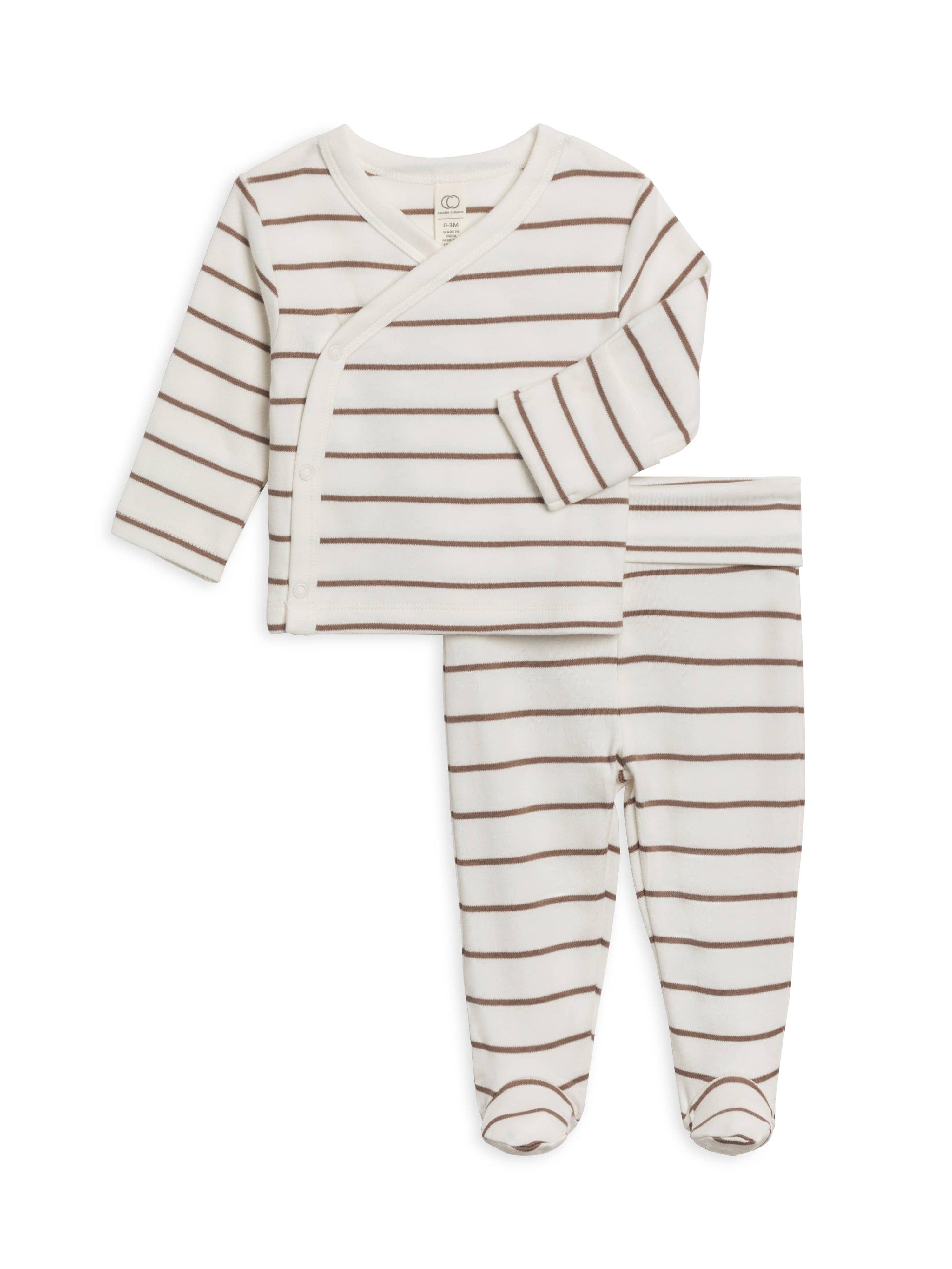 Organic Riley Kimono Wrap Top and Pant Set-Kade Stripe/Taupe: 0-3M
