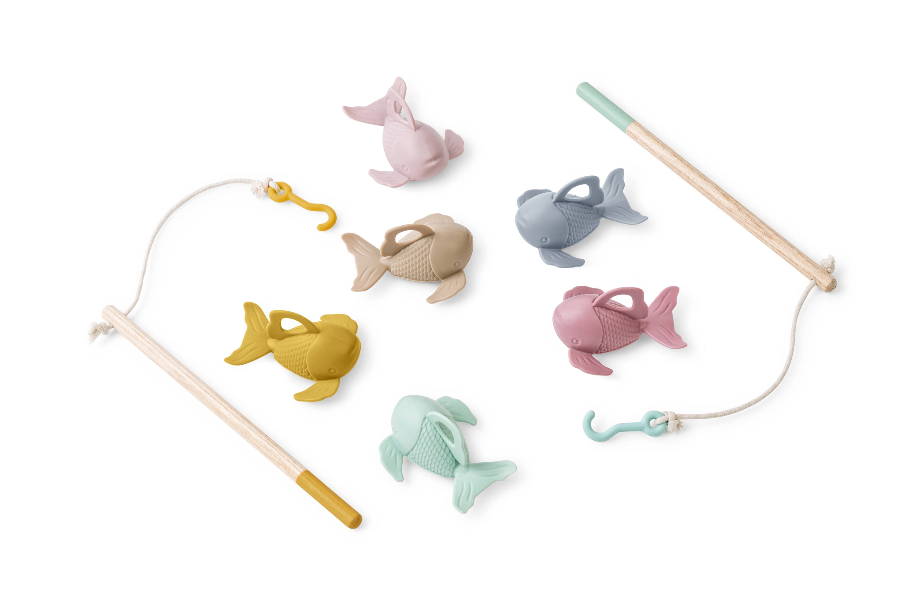 Colorful fishing toy set with rods and fish on a white background
